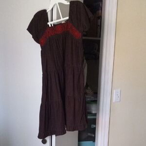 Mini Boden Chocolate Dress with Vibrant Red Embroidery